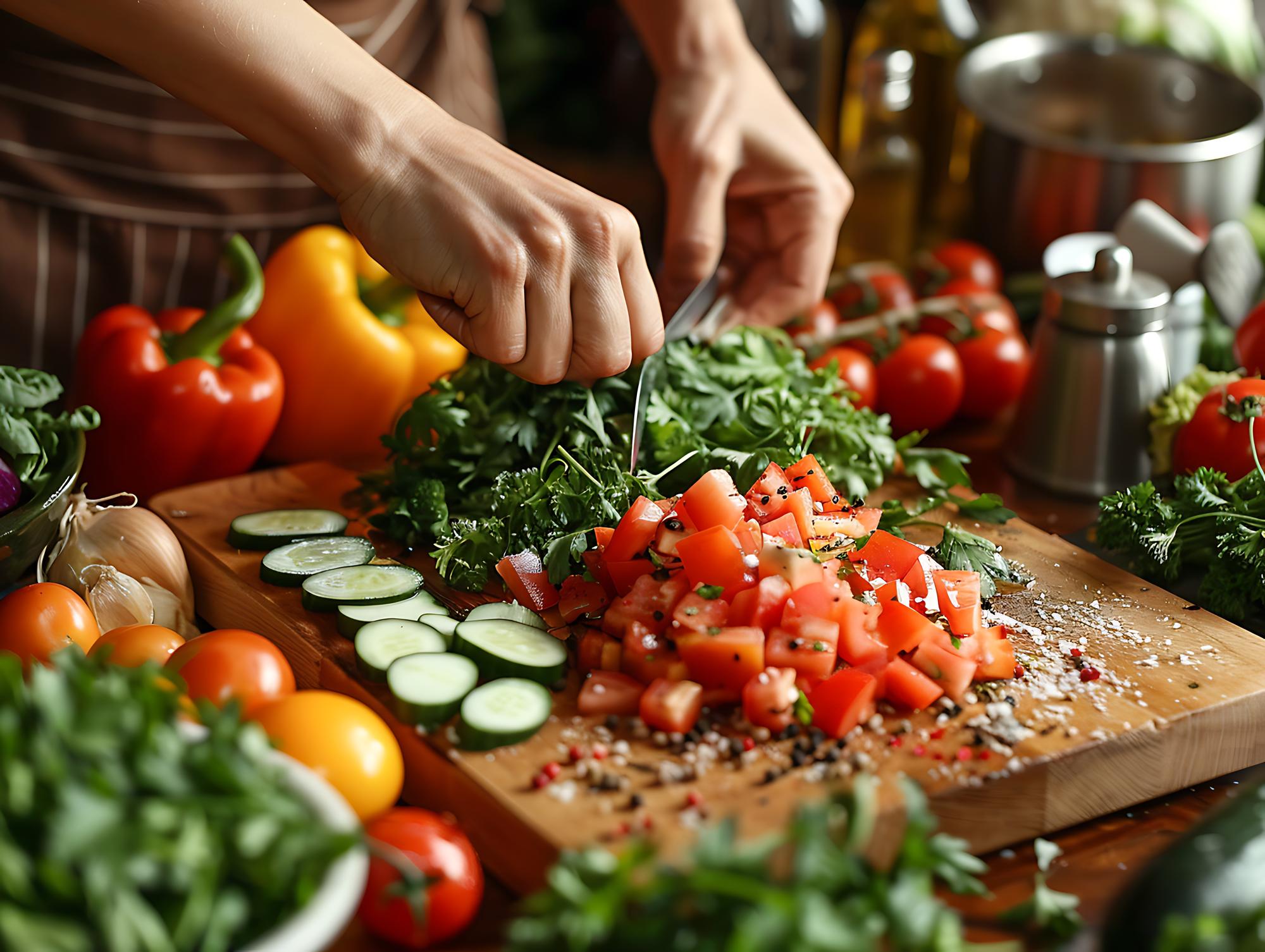 Close-up of hands preparing fresh vegetables